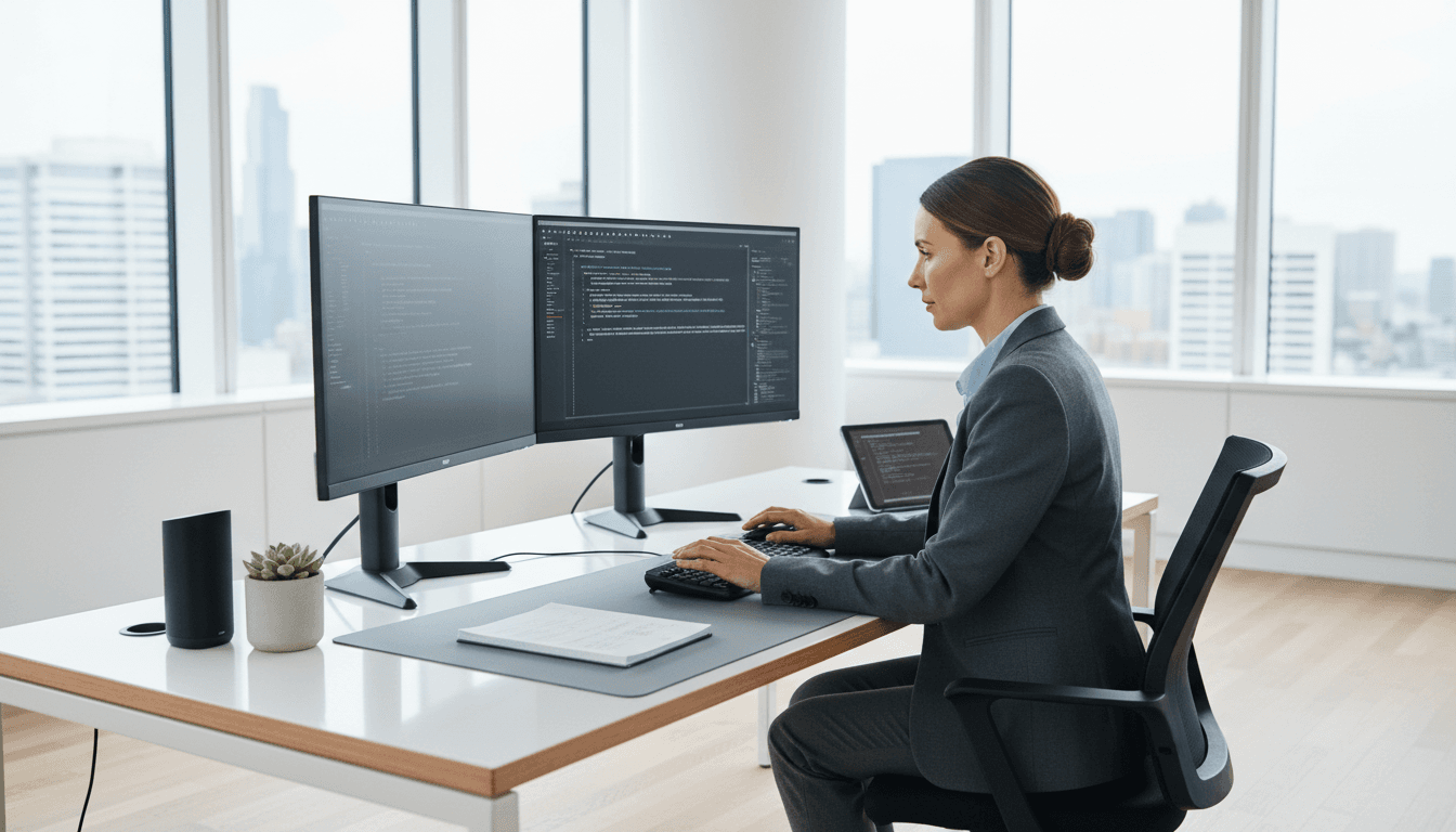 IT consultant reviewing cloud cost data on monitors in a modern office