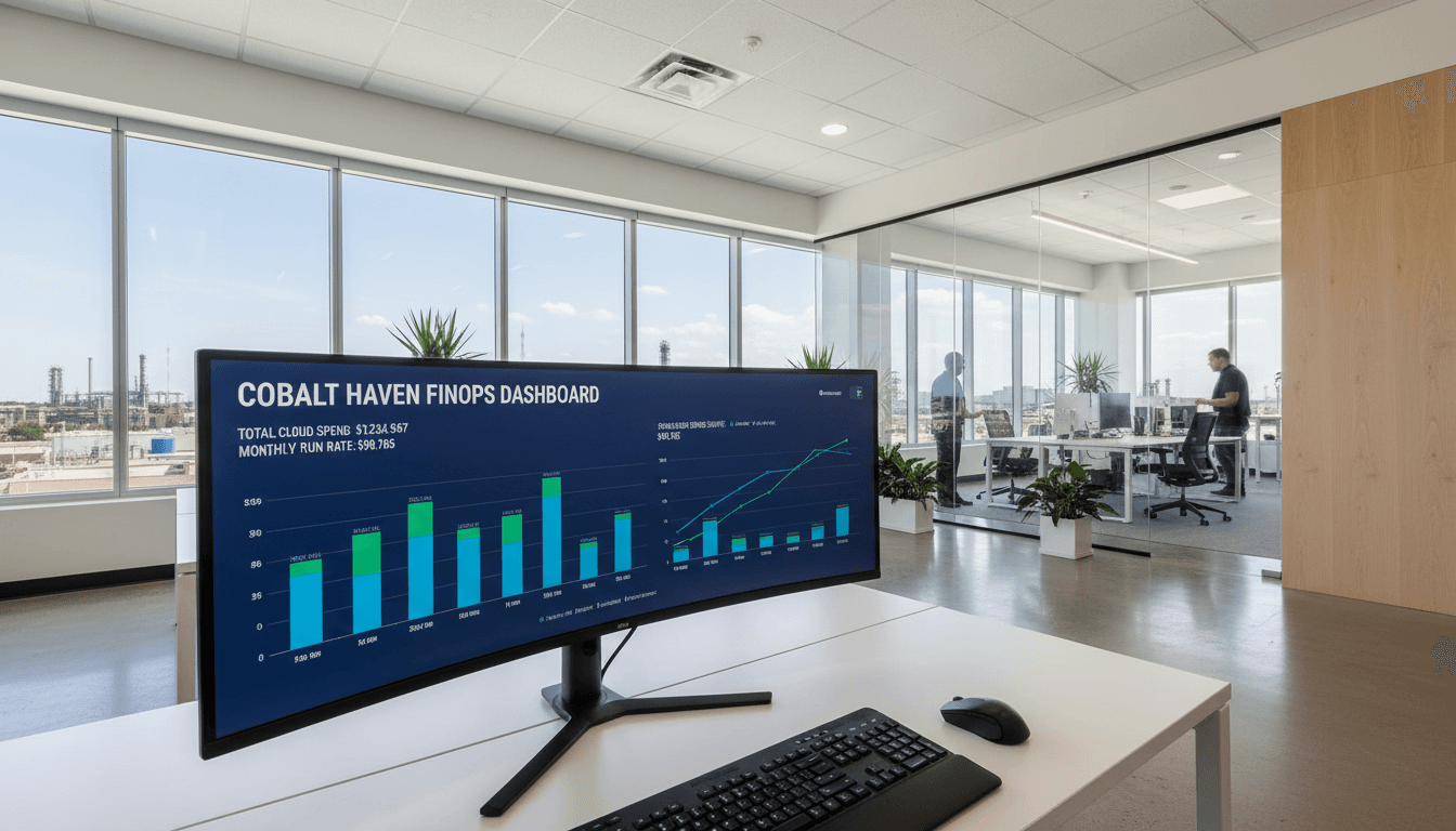 Computer screen showing cloud cost management dashboard in a bright, modern office.