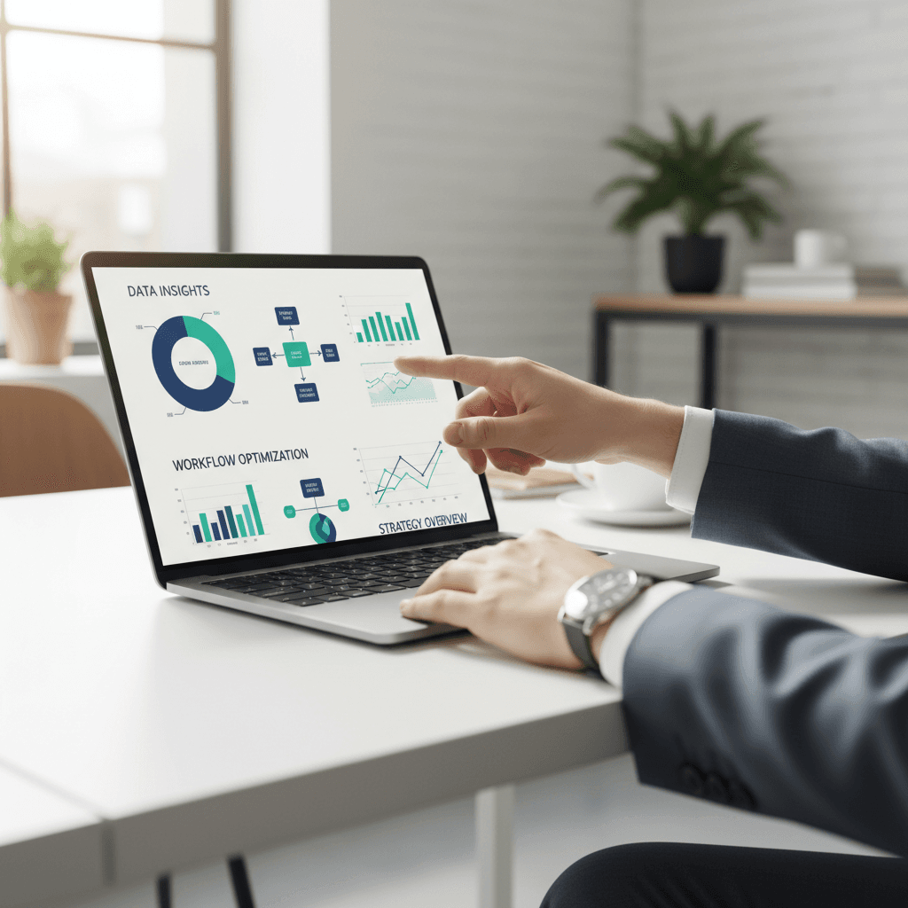 Cloud cost consultant reviewing data on a laptop in a clean, modern office