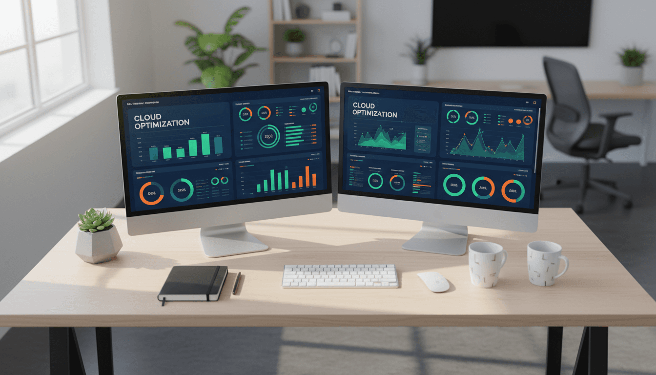 IT consultant reviewing cloud cost dashboard on a monitor in a modern office